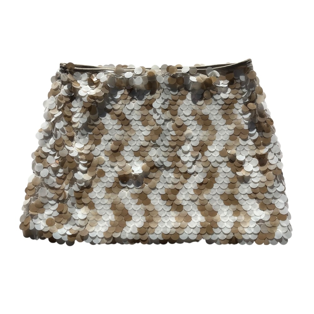 Sincerely Jules Womens L Cream Tan Sequin Paillette Side Zip Mini Skirt NEW Boho - Picture 2 of 15